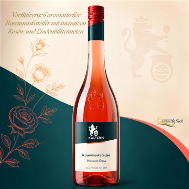 Verführerisch aromatischer Rosenmuskateller mit intensiven Rosen- und Lindenblütennoten, feinem Muskatduft und harmonischer Fruchtsüße – ein